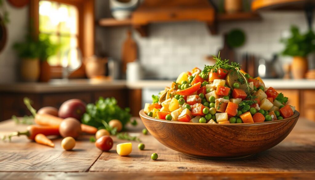 A beautifully arranged classic vegetable salad on a wooden kitchen table. The salad is vibrant and colorful, featuring diced carrots, peas, potatoes, and pickles mixed with fresh herbs and a creamy dressing. In the foreground, a wooden salad bowl is filled with the colorful mixture, while in the middle ground, a few whole vegetables like carrots and potatoes are artistically scattered around for context. The background shows a rustic kitchen setting with soft, warm lighting filtering through a window, creating a cozy atmosphere. The scene is shot at eye level with a slight depth of field, drawing focus on the salad. The overall mood is fresh, inviting, and homey, perfect for illustrating a recipe section. A beautifully arranged classic vegetable salad on a wooden kitchen table. The salad is vibrant and colorful, featuring diced carrots, peas, potatoes, and pickles mixed with fresh herbs and a creamy dressing. In the foreground, a wooden salad bowl is filled with the colorful mixture, while in the middle ground, a few whole vegetables like carrots and potatoes are artistically scattered around for context. The background shows a rustic kitchen setting with soft, warm lighting filtering through a window, creating a cozy atmosphere. The scene is shot at eye level with a slight depth of field, drawing focus on the salad. The overall mood is fresh, inviting, and homey, perfect for illustrating a recipe section.