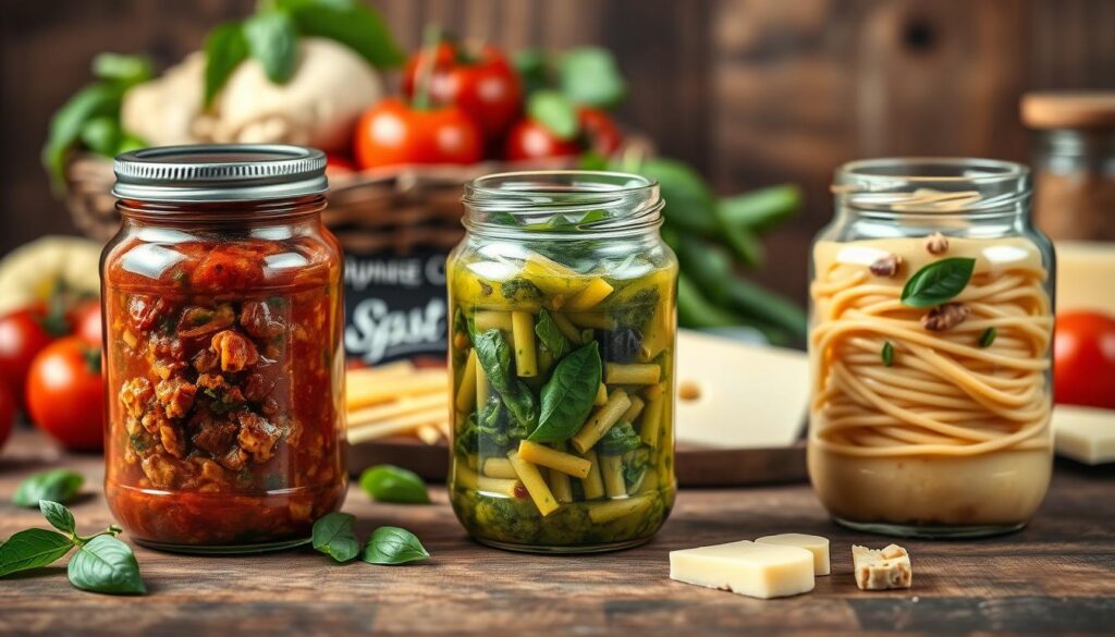 A beautifully arranged collection of classic pasta sauces in elegant glass jars, featuring a rich, meaty bolognese sauce with minced meat and herbs, a vibrant green pesto made with fresh basil, garlic, and pine nuts, and a creamy carbonara with eggs and pancetta, all set on a rustic wooden table. In the background, softly blurred, there are fresh ingredients like ripe tomatoes, fragrant basil, and parmesan cheese, creating a warm, inviting atmosphere. The lighting is soft and warm, capturing the textures of the sauces and ingredients, with a shallow depth of field to emphasize the sauces in the foreground. The scene conveys a sense of culinary artistry and comfort, perfect for illustrating the timeless and beloved recipes featured in the article.