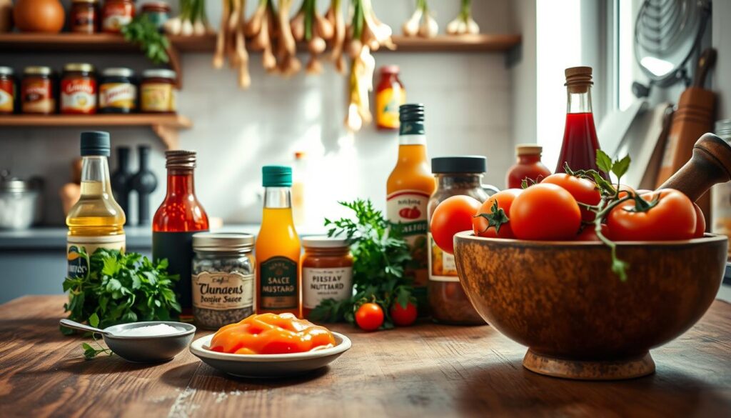 A beautifully arranged collection of essential ingredients for sauces, including jars of spices, bottles of oil and vinegar, fresh herbs, and a bowl of homegrown tomatoes, displayed on a rustic wooden kitchen table. In the foreground, a small dish of salt and a mortar and pestle hint at the preparation process. The middle ground showcases a well-organized pantry shelf featuring canned tomatoes, mustard, and sauces, with a few open packets of seasonings. The background features a softly lit kitchen with hanging garlic and onions, giving a warm, inviting atmosphere. Natural light streams in from a nearby window, casting gentle shadows. The overall mood is cozy and functional, emphasizing the concept of creating sauces from simple pantry staples. A beautifully arranged collection of essential ingredients for sauces, including jars of spices, bottles of oil and vinegar, fresh herbs, and a bowl of homegrown tomatoes, displayed on a rustic wooden kitchen table. In the foreground, a small dish of salt and a mortar and pestle hint at the preparation process. The middle ground showcases a well-organized pantry shelf featuring canned tomatoes, mustard, and sauces, with a few open packets of seasonings. The background features a softly lit kitchen with hanging garlic and onions, giving a warm, inviting atmosphere. Natural light streams in from a nearby window, casting gentle shadows. The overall mood is cozy and functional, emphasizing the concept of creating sauces from simple pantry staples.