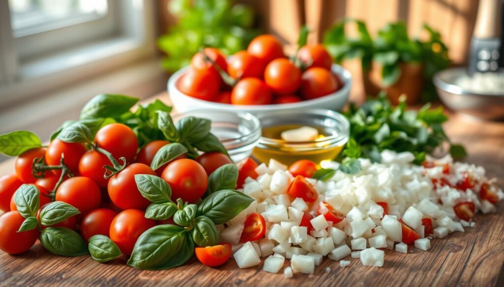A beautifully arranged collection of ingredients for a light chicken pasta sauce, positioned on a rustic wooden countertop. In the foreground, fresh basil leaves, ripe cherry tomatoes, minced garlic cloves, and diced onions create a colorful and vibrant display. The middle features a bowl of olive oil and a small dish of grated Parmesan cheese, exuding an inviting aroma. In the background, soft-focus kitchen utensils and herbs hint at a cozy culinary atmosphere. Natural daylight filters through a nearby window, casting gentle, warm shadows that enhance the scene. The overall mood is fresh, healthy, and appetizing, emphasizing the idea of selecting the perfect components for a delicious, fit sauce.