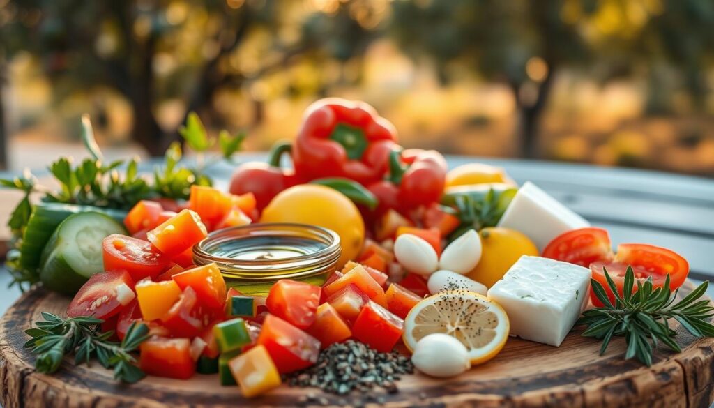 A beautifully arranged collection of ingredients for a traditional Greek salad dressing, showcasing vibrant colors and textures. In the foreground, fresh, ripe tomatoes, crisp cucumbers, and vibrant bell peppers are artfully chopped and displayed on a rustic wooden board. A small bowl of rich olive oil glistens alongside a sprinkle of aromatic dried oregano and a slice of sharp feta cheese. In the middle ground, a few whole garlic cloves and lemons add brightness to the scene. The background features a softly blurred view of olive trees under a warm, golden hour sunlight, casting gentle shadows that enhance the inviting atmosphere. The overall mood is fresh, vibrant, and reminiscent of a Mediterranean taverna, emphasizing the importance of each ingredient in creating authentic Greek flavors. A beautifully arranged collection of ingredients for a traditional Greek salad dressing, showcasing vibrant colors and textures. In the foreground, fresh, ripe tomatoes, crisp cucumbers, and vibrant bell peppers are artfully chopped and displayed on a rustic wooden board. A small bowl of rich olive oil glistens alongside a sprinkle of aromatic dried oregano and a slice of sharp feta cheese. In the middle ground, a few whole garlic cloves and lemons add brightness to the scene. The background features a softly blurred view of olive trees under a warm, golden hour sunlight, casting gentle shadows that enhance the inviting atmosphere. The overall mood is fresh, vibrant, and reminiscent of a Mediterranean taverna, emphasizing the importance of each ingredient in creating authentic Greek flavors.