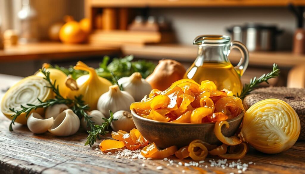 A beautifully arranged collection of ingredients for onion sauce, set on a rustic wooden table. In the foreground, fresh yellow onions are sliced, revealing their juicy layers. Next to them, garlic cloves and sprigs of fresh thyme add vibrant color and texture. In the middle ground, a small bowl of rich, golden caramelized onions glistens, showcasing its inviting and warm hue. Olive oil drizzles elegantly in a small jug, while a sprinkle of salt and pepper is casually scattered around. The background features a blurred kitchen setting, with warm, ambient lighting that creates a cozy atmosphere. The scene captures a sense of culinary creativity, evoking the process of making a hearty onion sauce. A beautifully arranged collection of ingredients for onion sauce, set on a rustic wooden table. In the foreground, fresh yellow onions are sliced, revealing their juicy layers. Next to them, garlic cloves and sprigs of fresh thyme add vibrant color and texture. In the middle ground, a small bowl of rich, golden caramelized onions glistens, showcasing its inviting and warm hue. Olive oil drizzles elegantly in a small jug, while a sprinkle of salt and pepper is casually scattered around. The background features a blurred kitchen setting, with warm, ambient lighting that creates a cozy atmosphere. The scene captures a sense of culinary creativity, evoking the process of making a hearty onion sauce.