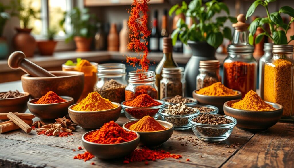 A beautifully arranged collection of spices from various world cuisines, featuring vibrant and colorful spices like saffron, turmeric, paprika, and cumin, artfully displayed in small bowls on a rustic wooden table. In the foreground, zoom in on a mortar and pestle with freshly ground spices. In the middle, spices are artistically poured from glass jars and spice bottles, showcasing their rich textures and colors. The background softly blurs to reveal an elegant kitchen setting, with herbs like basil and cilantro peeking out from potted plants. Warm, natural lighting creates an inviting atmosphere, highlighting the richness and diversity of global flavors. The composition exudes a sense of warmth, creativity, and culinary exploration.