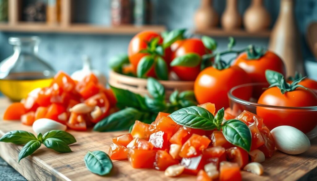 A beautifully arranged composition of ingredients for a tomato sauce, featuring ripe, vibrant red tomatoes, fresh basil leaves, cloves of garlic, and drizzles of olive oil. In the foreground, showcase a wooden cutting board with diced tomatoes and garlic, emphasizing texture and freshness. In the middle ground, include sprigs of basil and a bowl of olive oil, softly glistening under natural light. In the background, hint at a rustic kitchen ambiance with blurred shelves lined with spices and utensils, creating a warm and inviting atmosphere. Use soft, diffused lighting to enhance the colors and bring out the freshness of the ingredients, capturing the mood of a culinary creation in progress. The perspective should be slightly overhead, allowing the viewer to appreciate the details of each ingredient without any text or distractions.