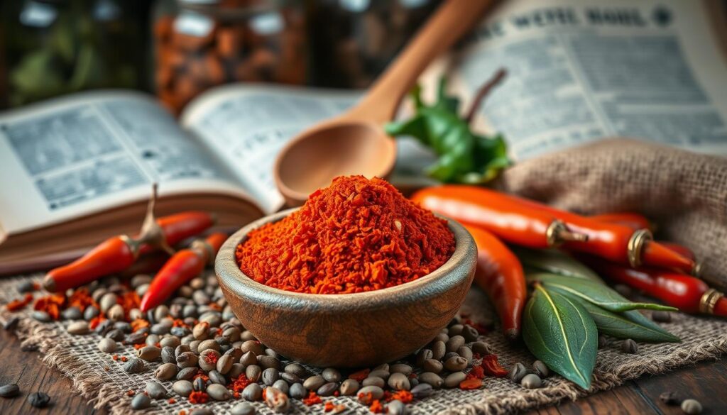 A beautifully arranged composition of spices used for goulash, featuring vibrant paprika, earthy caraway seeds, and fragrant bay leaves. In the foreground, display a small wooden bowl filled with bright red paprika, surrounded by loose caraway seeds and scattered dried herbs. In the middle, add an antique wooden spoon resting on a textured burlap cloth, enhancing a rustic feel. The background showcases blurred herb jars and an old cookbook, softly illuminated by warm, natural light. Capture the rich colors and textures of the spices, evoking a cozy and inviting kitchen atmosphere that highlights the aromatics and essence of Hungarian goulash. The overall mood should be warm and inviting, emphasizing the spices as essential elements in creating a flavorful sauce. A beautifully arranged composition of spices used for goulash, featuring vibrant paprika, earthy caraway seeds, and fragrant bay leaves. In the foreground, display a small wooden bowl filled with bright red paprika, surrounded by loose caraway seeds and scattered dried herbs. In the middle, add an antique wooden spoon resting on a textured burlap cloth, enhancing a rustic feel. The background showcases blurred herb jars and an old cookbook, softly illuminated by warm, natural light. Capture the rich colors and textures of the spices, evoking a cozy and inviting kitchen atmosphere that highlights the aromatics and essence of Hungarian goulash. The overall mood should be warm and inviting, emphasizing the spices as essential elements in creating a flavorful sauce.