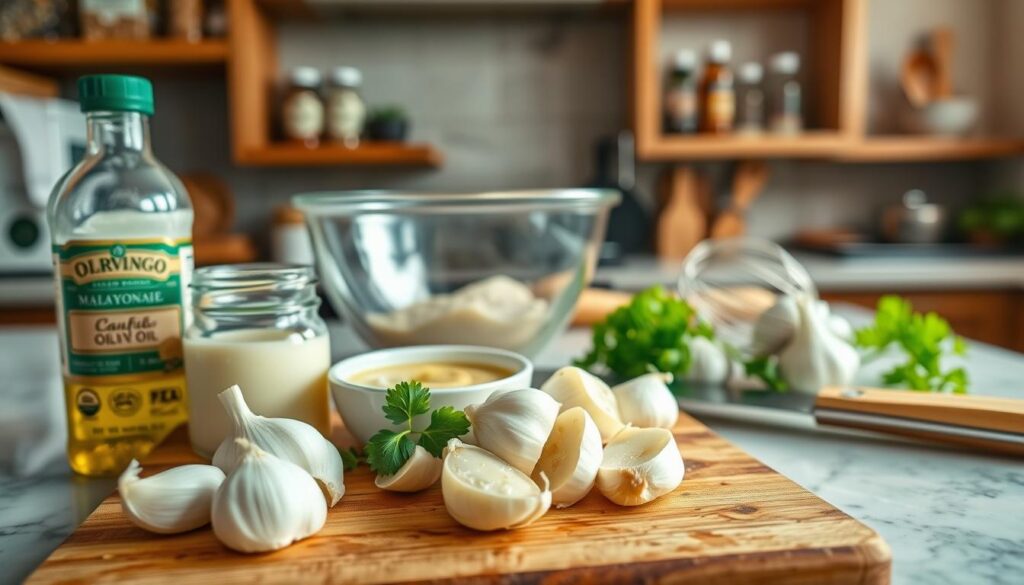 A beautifully arranged countertop displaying the ingredients for a simple garlic sauce. In the foreground, a wooden cutting board with peeled garlic cloves, a small bowl of mayonnaise, a bottle of olive oil, and a sprig of fresh parsley. The garlic cloves are crushed with a knife, showcasing their texture. In the middle ground, a mixing bowl sits ready, with a whisk beside it. The background features a rustic kitchen setup, with wooden shelves lined with spices and cooking utensils. Warm, natural lighting floods the scene, emphasizing the vibrant colors of the ingredients. The overall mood is inviting and homey, perfect for a cooking tutorial, with a focus on preparation and simplicity.