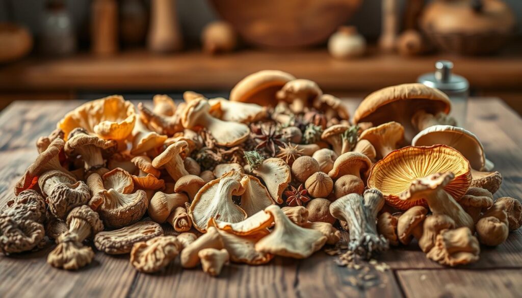 A beautifully arranged display of different types of dried mushrooms, including porcini, chanterelles, and shiitake, presented on a rustic wooden surface. In the foreground, focus on the textures and unique shapes of each mushroom, highlighted by soft, natural lighting that creates gentle shadows. The middle ground features an assortment of mushrooms scattered artfully, showcasing their varied colors and sizes, while hints of dried herbs and spices subtly surround them. The background is a blurred kitchen setting with earthy tones, evoking a cozy and inviting atmosphere, enhancing the authenticity of the scene. Capture with a slight overhead angle to emphasize the arrangement, ensuring a warm, organic feel to the image. A beautifully arranged display of different types of dried mushrooms, including porcini, chanterelles, and shiitake, presented on a rustic wooden surface. In the foreground, focus on the textures and unique shapes of each mushroom, highlighted by soft, natural lighting that creates gentle shadows. The middle ground features an assortment of mushrooms scattered artfully, showcasing their varied colors and sizes, while hints of dried herbs and spices subtly surround them. The background is a blurred kitchen setting with earthy tones, evoking a cozy and inviting atmosphere, enhancing the authenticity of the scene. Capture with a slight overhead angle to emphasize the arrangement, ensuring a warm, organic feel to the image.