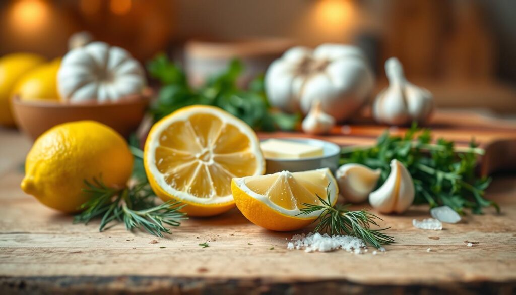 A beautifully arranged display of essential ingredients for a lemon sauce perfect for salmon. In the foreground, a bright yellow lemon sliced in half, showcasing its juicy texture, alongside a small bowl of creamy butter. Fresh green herbs, such as dill and parsley, are scattered artistically nearby. In the middle ground, a wooden cutting board holds whole ingredients like garlic cloves, and a pinch of sea salt is artfully sprinkled. The background features a softly blurred kitchen setting with warm, inviting lighting, reminiscent of a cozy cooking space. Capture this scene with a shallow depth of field to create a warm, inviting atmosphere that emphasizes the freshness of the ingredients. The overall mood should feel light, vibrant, and sophisticated, perfect for a culinary exploration. A beautifully arranged display of essential ingredients for a lemon sauce perfect for salmon. In the foreground, a bright yellow lemon sliced in half, showcasing its juicy texture, alongside a small bowl of creamy butter. Fresh green herbs, such as dill and parsley, are scattered artistically nearby. In the middle ground, a wooden cutting board holds whole ingredients like garlic cloves, and a pinch of sea salt is artfully sprinkled. The background features a softly blurred kitchen setting with warm, inviting lighting, reminiscent of a cozy cooking space. Capture this scene with a shallow depth of field to create a warm, inviting atmosphere that emphasizes the freshness of the ingredients. The overall mood should feel light, vibrant, and sophisticated, perfect for a culinary exploration.