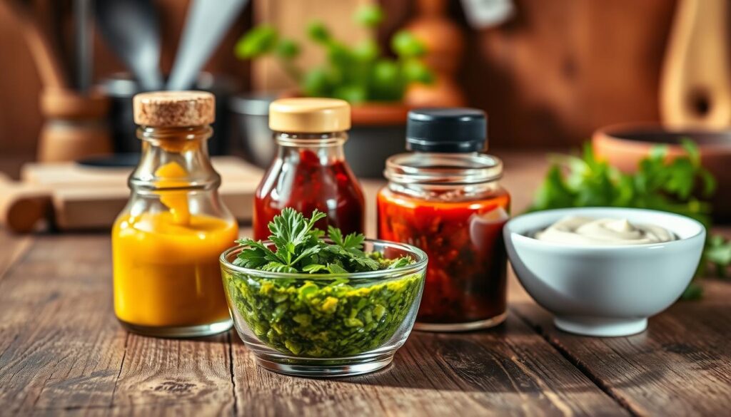 A beautifully arranged display of four distinct and colorful condiments enhancing a meat sauce. In the foreground, a small bowl of vibrant green chimichurri, rich with herbs, sits next to a deep, golden-yellow mustard. Nearby, a contrasting rich, dark red chili paste offers a bold flavor, while on the opposite side, a delicate white bowl holds creamy horseradish sauce. The background features a rustic wooden table, softly lit by warm, natural sunlight that creates a cozy, inviting atmosphere. Subtle kitchen utensils and fresh herbs are blurred in the background to emphasize the sauces. The composition highlights the textures and colors of each condiment, creating a mouthwatering and appetizing scene that perfectly illustrates the art of enhancing meat sauce flavors. A beautifully arranged display of four distinct and colorful condiments enhancing a meat sauce. In the foreground, a small bowl of vibrant green chimichurri, rich with herbs, sits next to a deep, golden-yellow mustard. Nearby, a contrasting rich, dark red chili paste offers a bold flavor, while on the opposite side, a delicate white bowl holds creamy horseradish sauce. The background features a rustic wooden table, softly lit by warm, natural sunlight that creates a cozy, inviting atmosphere. Subtle kitchen utensils and fresh herbs are blurred in the background to emphasize the sauces. The composition highlights the textures and colors of each condiment, creating a mouthwatering and appetizing scene that perfectly illustrates the art of enhancing meat sauce flavors.