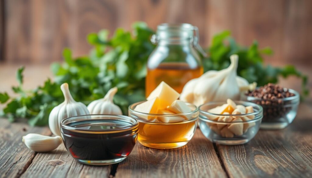 A beautifully arranged display of ingredients for chicken marinade, showcasing soy sauce, garlic cloves, ginger slices, honey, olive oil, salt, and pepper in small bowls on a rustic wooden table. The foreground features vibrant spices and herbs, with a close-up view of fresh garlic and ginger. The middle layer presents the soy sauce bottle and honey jar, glistening under soft, warm light, creating an inviting atmosphere. The background features a hint of fresh green herbs, subtly blurred to emphasize the foreground. The overall mood is warm and appetizing, perfect for a culinary setting, with soft natural lighting reminiscent of a cozy kitchen. A beautifully arranged display of ingredients for chicken marinade, showcasing soy sauce, garlic cloves, ginger slices, honey, olive oil, salt, and pepper in small bowls on a rustic wooden table. The foreground features vibrant spices and herbs, with a close-up view of fresh garlic and ginger. The middle layer presents the soy sauce bottle and honey jar, glistening under soft, warm light, creating an inviting atmosphere. The background features a hint of fresh green herbs, subtly blurred to emphasize the foreground. The overall mood is warm and appetizing, perfect for a culinary setting, with soft natural lighting reminiscent of a cozy kitchen.