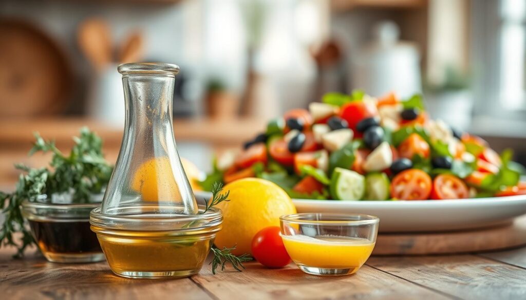 A beautifully arranged display of ingredients for vinaigrette, featuring a small bowl of olive oil, a small bowl of balsamic vinegar, Dijon mustard, fresh lemon juice, and assorted herbs like oregano and basil. The foreground should feature the ingredients artfully arranged on a rustic wooden table, with a light drizzle of the vinaigrette in a glass jar. In the middle, a vibrant Greek salad with colorful vegetables like tomatoes, cucumbers, and olives, beautifully garnished to illustrate the salad that the vinaigrette accompanies. The background should consist of a soft-focus kitchen environment, with warm, natural light streaming in to create a cozy and inviting atmosphere. Use a shallow depth of field to draw attention to the vibrant colors and textures of the ingredients. A beautifully arranged display of ingredients for vinaigrette, featuring a small bowl of olive oil, a small bowl of balsamic vinegar, Dijon mustard, fresh lemon juice, and assorted herbs like oregano and basil. The foreground should feature the ingredients artfully arranged on a rustic wooden table, with a light drizzle of the vinaigrette in a glass jar. In the middle, a vibrant Greek salad with colorful vegetables like tomatoes, cucumbers, and olives, beautifully garnished to illustrate the salad that the vinaigrette accompanies. The background should consist of a soft-focus kitchen environment, with warm, natural light streaming in to create a cozy and inviting atmosphere. Use a shallow depth of field to draw attention to the vibrant colors and textures of the ingredients.