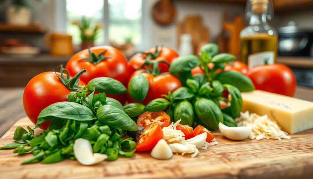 A beautifully arranged display of key ingredients for pasta sauces, featuring ripe tomatoes, fresh basil, garlic cloves, olive oil, and Parmesan cheese. The foreground showcases a wooden cutting board with chopped basil and minced garlic, while the middle includes vibrant, whole tomatoes and a wedge of cheese. In the background, a soft-focus rustic kitchen setting with warm, natural lighting creates a cozy atmosphere, enhancing the appeal of the ingredients. The scene captures an inviting, culinary charm, perfect for an article about simple pasta sauces. The angle is slightly elevated, allowing a view of all elements without distractions. The overall mood is fresh and appetizing, emphasizing the simplicity of cooking with five essential ingredients.