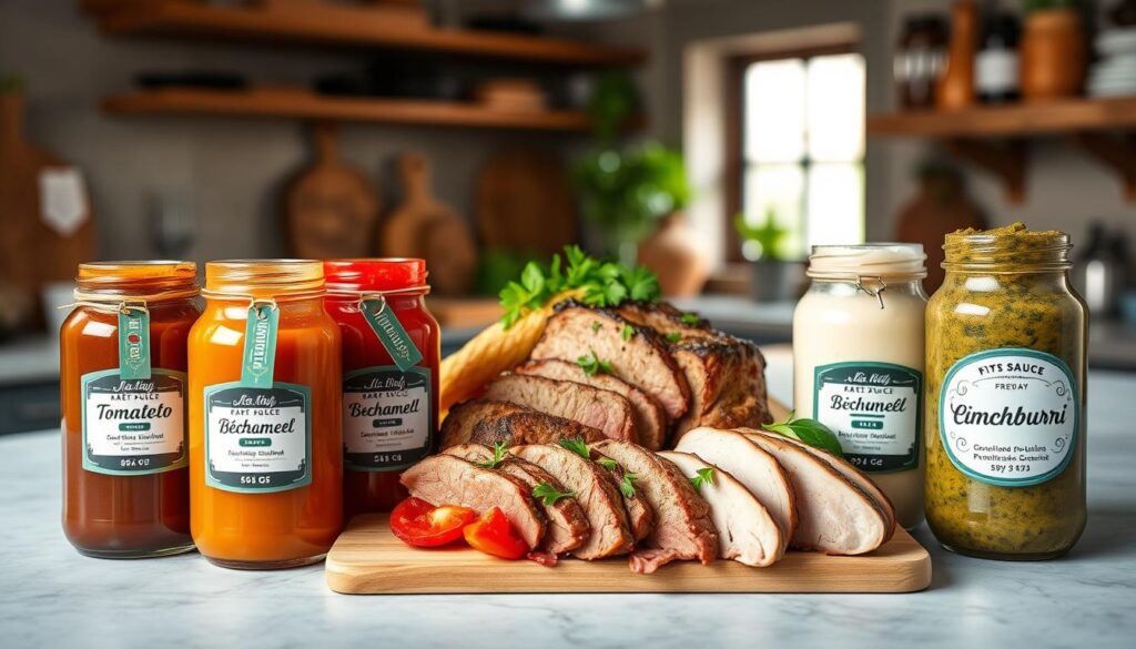 A beautifully arranged display of various meat sauces, including rich brown gravy, vibrant red tomato sauce, creamy white béchamel, and a zesty green chimichurri. The foreground features elegant glass jars filled with the sauces, each labeled with visually appealing tags. In the middle, a wooden cutting board showcases slices of perfectly cooked meats, like roast beef, chicken, and pork, artfully garnished with fresh herbs. The background contains a rustic kitchen scene with soft, natural lighting from a window, creating a warm and inviting atmosphere. The image captures the essence of culinary creativity, emphasizing the diversity and richness of sauces that enhance meat dishes, all presented in a professional and appetizing manner.
