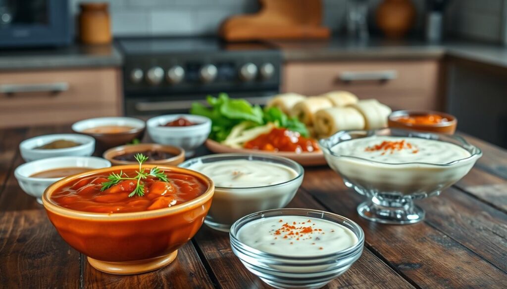 A beautifully arranged display of various sauces for stuffed cabbage rolls on a rustic wooden table. In the foreground, focus on a rich, velvety tomato sauce in a ceramic bowl garnished with fresh herbs, and a creamy, white sauce in an elegant glass dish with a sprinkle of paprika. Surrounding these main subjects, include smaller bowls filled with diverse sauces like a tangy mushroom sauce, a savory garlic sauce, and a sweet-and-sour sauce, all artistically presented. The middle ground features a softly blurred plate of cabbage rolls, invitingly topped with sauce. The background is a softly lit kitchen setting, creating a warm, homely atmosphere. Use natural lighting to highlight the textures of the sauces, with a slight depth of field to draw focus to the foreground.