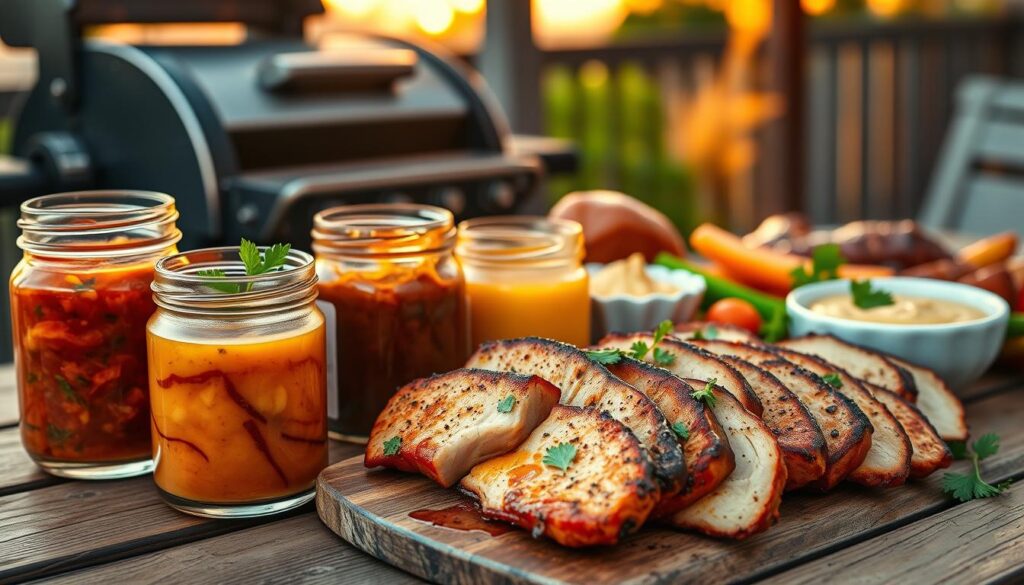 A beautifully arranged display of various sauces ideal for pork neck, creatively presented in glass jars and bowls on a rustic wooden table. In the foreground, focus on a vibrant, tangy barbecue sauce with fresh herbs, a creamy garlic sauce, and a spicy mustard sauce, each garnished with sprigs of parsley. The middle ground features slices of juicy, grilled pork neck, glistening from the sauces, accompanied by seasonal vegetables. In the background, softly blurred, hints of a grill and a warm sunset sky create a cozy outdoor atmosphere. The lighting is warm and inviting, highlighting the textures of the sauces and meats. The composition captures a delicious culinary experience, evoking warmth and appetite, while maintaining a clean, professional aesthetic suitable for an article illustration. A beautifully arranged display of various sauces ideal for pork neck, creatively presented in glass jars and bowls on a rustic wooden table. In the foreground, focus on a vibrant, tangy barbecue sauce with fresh herbs, a creamy garlic sauce, and a spicy mustard sauce, each garnished with sprigs of parsley. The middle ground features slices of juicy, grilled pork neck, glistening from the sauces, accompanied by seasonal vegetables. In the background, softly blurred, hints of a grill and a warm sunset sky create a cozy outdoor atmosphere. The lighting is warm and inviting, highlighting the textures of the sauces and meats. The composition captures a delicious culinary experience, evoking warmth and appetite, while maintaining a clean, professional aesthetic suitable for an article illustration.