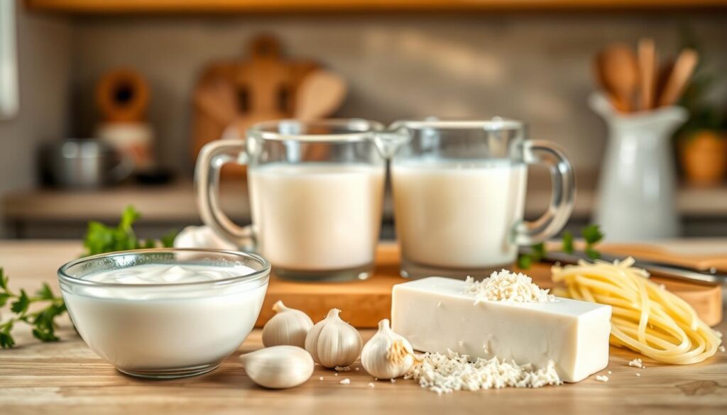 A beautifully arranged flat lay of ingredients for a creamy white sauce for pasta. In the foreground, there are fresh ingredients: a small bowl of rich heavy cream, a block of creamy white cheese, and a sprinkle of grated Parmesan. Nearby, there are also fresh garlic cloves and a few sprigs of parsley. In the middle, a measuring cup filled with milk and a spatula resting on a wooden cutting board. The background features a soft-focus kitchen setting with natural light streaming through a window, highlighting the textures of the ingredients. The overall mood is warm and inviting, with an emphasis on simplicity and freshness, perfect for a culinary delight. A beautifully arranged flat lay of ingredients for a creamy white sauce for pasta. In the foreground, there are fresh ingredients: a small bowl of rich heavy cream, a block of creamy white cheese, and a sprinkle of grated Parmesan. Nearby, there are also fresh garlic cloves and a few sprigs of parsley. In the middle, a measuring cup filled with milk and a spatula resting on a wooden cutting board. The background features a soft-focus kitchen setting with natural light streaming through a window, highlighting the textures of the ingredients. The overall mood is warm and inviting, with an emphasis on simplicity and freshness, perfect for a culinary delight.