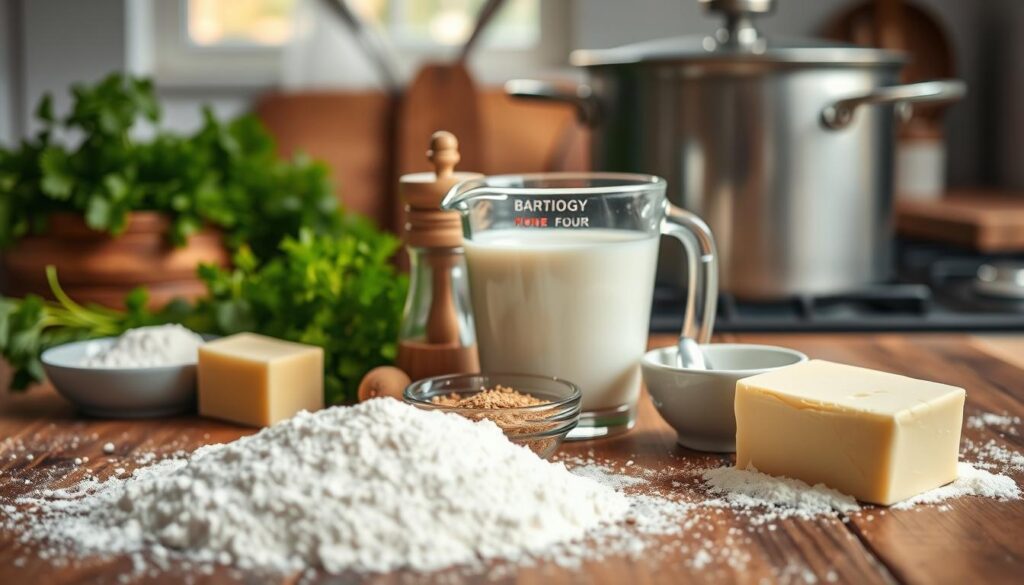 A beautifully arranged flat lay of ingredients for béchamel sauce, displayed on a rustic wooden table. In the foreground, there are distinct piles of flour and a small bowl of creamy butter. In the middle ground, a glass measuring cup filled with milk is nestled next to a nutmeg grinder and a small bowl of freshly grated nutmeg. In the background, soft-focus images of fresh parsley and a pot set on a stovetop create a warm, inviting kitchen atmosphere. Natural light streams in from a nearby window, casting gentle shadows and highlighting the textures of the ingredients. The overall mood is cozy and culinary, evoking a sense of homemade comfort food preparation.