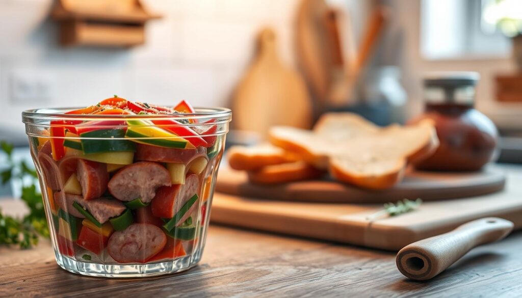 A beautifully arranged frozen serving of żurek in a clear, beautifully crafted glass container. In the foreground, the container displays layers of vibrant ingredients like sliced sausage, colorful vegetables, and distinct pieces of traditional sourdough bread. The middle ground showcases a wooden cutting board with kitchen utensils, emphasizing a homely kitchen atmosphere. In the background, subtle hints of an inviting kitchen with soft warm lighting enhance the comforting mood of preservation and homemade cooking. The image captures the essence of preserving food, with soft focus to create a serene ambiance. All elements are illuminated with gentle, diffused light to evoke a sense of warmth and nostalgia.