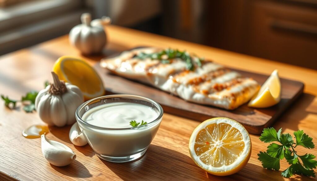 A beautifully arranged garlic sauce for fish, displayed in a small, elegant bowl, with fresh garlic cloves and a sprig of parsley beside it. In the foreground, vibrant ingredients like a lemon wedge and a drizzle of olive oil enhance the composition. The middle ground showcases a lightly grilled fish fillet garnished with herbs, creating an inviting contrast with the creamy white sauce. The background features a warm wooden table, softly lit by natural sunlight filtering through a window, casting gentle shadows that evoke a cozy kitchen setting. Capture the essence of cooking with an emphasis on freshness and simplicity, conveying a light and appetizing atmosphere.