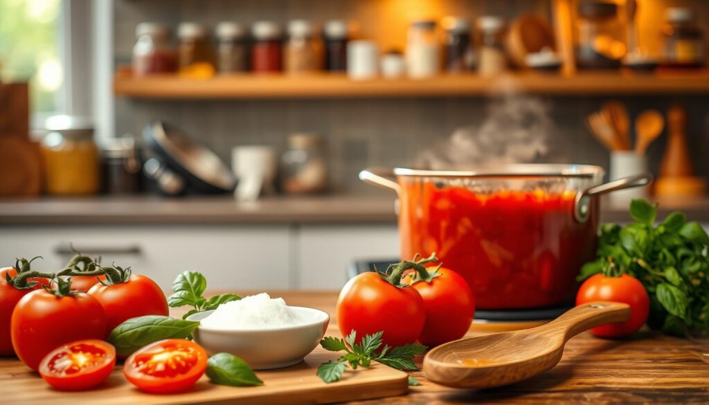 A beautifully arranged kitchen counter featuring fresh ingredients for a tomato sauce, with an emphasis on balancing acidity. In the foreground, a cutting board displays ripe, juicy tomatoes, a small bowl of sugar, and fresh herbs like basil and oregano. The middle ground includes a pot simmering with a rich, aromatic tomato sauce, and a wooden spoon resting beside it. In the background, softly blurred shelves display jars of spices and cooking utensils under warm, inviting lighting. The scene captures a cozy, homely atmosphere, with warm tones and a hint of natural sunlight filtering through a nearby window. The focus is on the elements that contribute to a perfectly balanced sauce, conveying a sense of culinary expertise and home cooking.