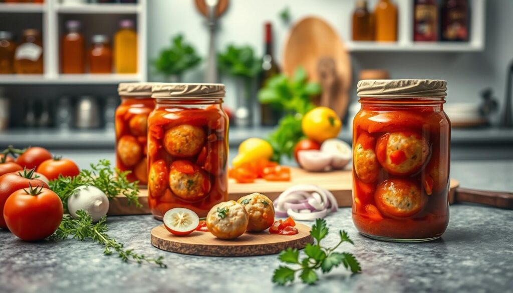 A beautifully arranged kitchen counter showcasing homemade fish meatballs in a vibrant tomato sauce, nestled inside glass jars with a rustic lid, capturing the essence of traditional preserves. In the foreground, focus on the jars filled with the rich, deep red sauce and the delicate, round meatballs, garnished with fresh herbs. In the middle ground, a wooden cutting board displays fresh ingredients such as ripe tomatoes, chopped onions, and herbs, hinting at the preparation process. The background features a softly lit kitchen with vintage-inspired shelves lined with various preserves, enhancing the warm, homey atmosphere. The lighting is bright yet soft, creating a welcoming ambience, with a shallow depth of field focusing on the jars while softly blurring the background elements for a harmonious look. A beautifully arranged kitchen counter showcasing homemade fish meatballs in a vibrant tomato sauce, nestled inside glass jars with a rustic lid, capturing the essence of traditional preserves. In the foreground, focus on the jars filled with the rich, deep red sauce and the delicate, round meatballs, garnished with fresh herbs. In the middle ground, a wooden cutting board displays fresh ingredients such as ripe tomatoes, chopped onions, and herbs, hinting at the preparation process. The background features a softly lit kitchen with vintage-inspired shelves lined with various preserves, enhancing the warm, homey atmosphere. The lighting is bright yet soft, creating a welcoming ambience, with a shallow depth of field focusing on the jars while softly blurring the background elements for a harmonious look.