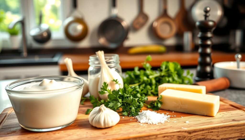 A beautifully arranged kitchen countertop displaying the ingredients for a creamy white sauce for chicken. In the foreground, a bowl of fresh sour cream, a small glass jar of garlic, and a stick of butter are artistically placed. The middle ground features sprigs of fresh parsley, a pinch of salt, and a pepper grinder, all laid out on a rustic wooden cutting board. In the background, out of focus, there are pots and pans hanging on a wall, adding a warm, homey atmosphere to the scene. Soft, natural lighting filters in from a window, casting gentle shadows and highlighting the lush textures of the ingredients. The overall mood is inviting and culinary-focused, perfect for a cooking enthusiast. A beautifully arranged kitchen countertop displaying the ingredients for a creamy white sauce for chicken. In the foreground, a bowl of fresh sour cream, a small glass jar of garlic, and a stick of butter are artistically placed. The middle ground features sprigs of fresh parsley, a pinch of salt, and a pepper grinder, all laid out on a rustic wooden cutting board. In the background, out of focus, there are pots and pans hanging on a wall, adding a warm, homey atmosphere to the scene. Soft, natural lighting filters in from a window, casting gentle shadows and highlighting the lush textures of the ingredients. The overall mood is inviting and culinary-focused, perfect for a cooking enthusiast.