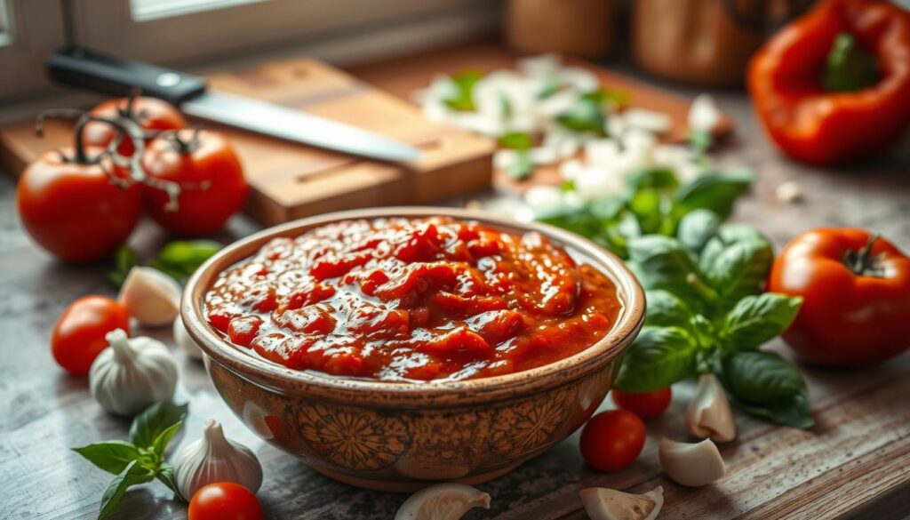 A beautifully arranged kitchen countertop featuring a rich, homemade spaghetti sauce in a rustic ceramic bowl. The sauce, deep red and glistening, is surrounded by ingredients: fresh tomatoes, garlic cloves, and aromatic basil leaves scattered artfully around. In the background, a wooden cutting board is partially visible with a knife resting beside diced onions and bell peppers, hinting at preparation in progress. Soft, natural light streams in from a window, creating a warm, inviting atmosphere. The focus is sharp on the sauce, with a slight bokeh effect blurring the background, highlighting the colors and textures. The scene conveys a wholesome, comforting ambiance, perfect for emphasizing the joys of making pasta sauce at home.
