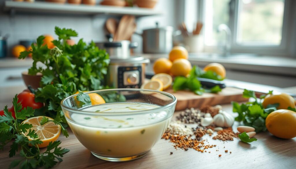 A beautifully arranged kitchen countertop featuring a variety of fresh ingredients to make a salad dressing. In the foreground, a glass bowl filled with a creamy, vibrant vinaigrette, garnished with fresh herbs like parsley and basil. Surrounding the bowl are colorful ingredients like sliced lemons, olives, and a drizzle of olive oil. In the middle ground, a cutting board adorned with chopped garlic and a selection of spices, hinting at the preparation process. The background highlights a well-organized kitchen with pots and pans, softly blurred to emphasize the dressing-making scene. Soft, natural daylight streams through a window, creating a warm, inviting atmosphere, suggesting freshness and healthy eating. The camera angle captures the scene from a slight overhead perspective.
