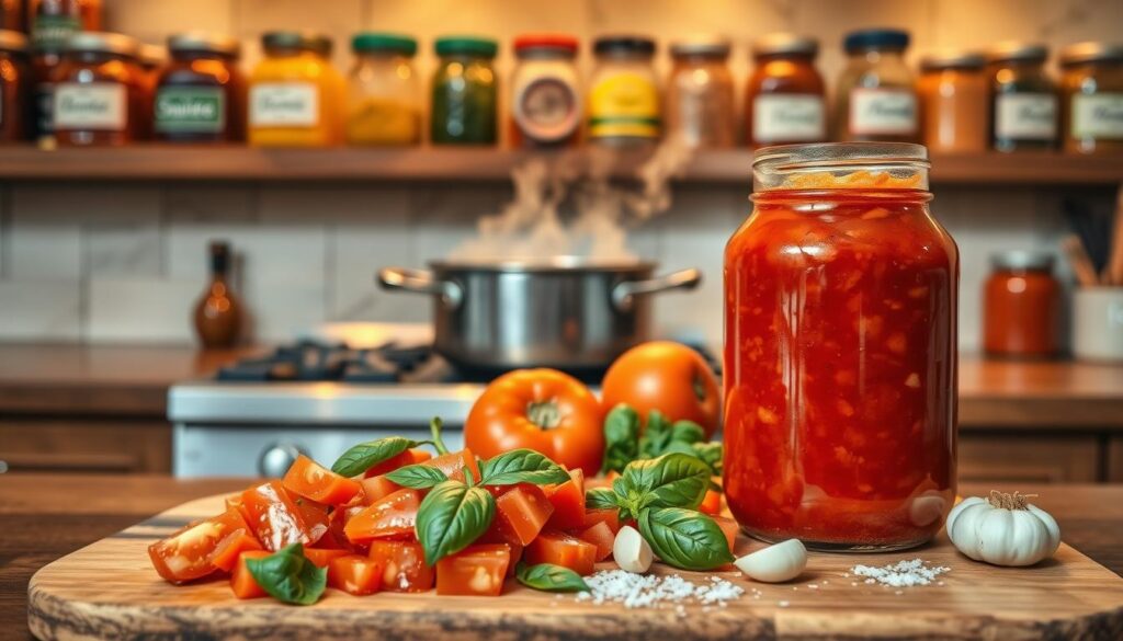 A beautifully arranged kitchen countertop featuring ingredients for Italian sauce preparation. In the foreground, a rustic wooden cutting board displays diced ripe tomatoes, fresh basil leaves, garlic cloves, and a sprinkle of sea salt, alongside a vibrant jar filled with the finished sauce. In the middle ground, a pot is simmering on the stove, with steam rising gently, reflecting the cooking process. In the background, shelves hold glass jars labeled with various homemade sauces and spices, creating an inviting atmosphere. The warm, golden lighting casts a cozy glow over the scene, enhancing the rustic and authentic feel of Italian culinary tradition. The image captures the essence of methodical and homely sauce preparation, inviting viewers to engage with the delightful art of Italian cooking.