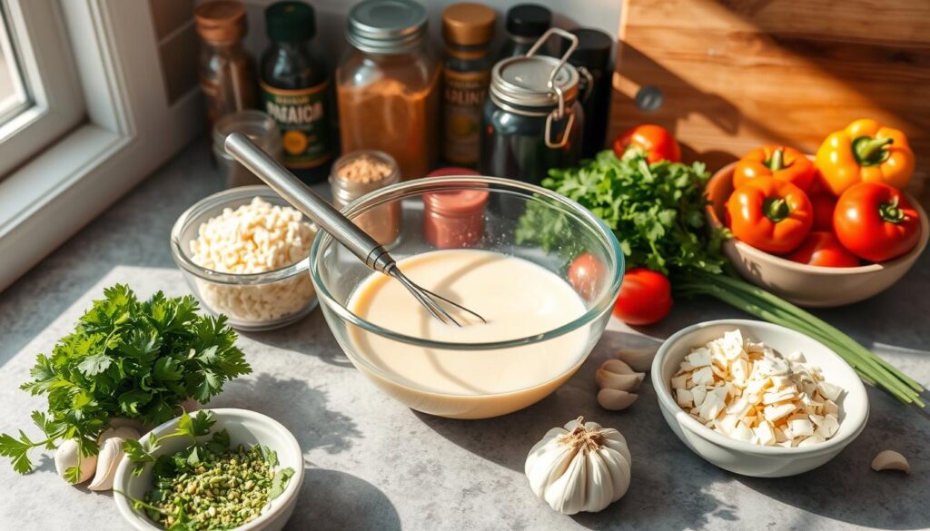A beautifully arranged kitchen countertop featuring various ingredients that can be added to a creamy garlic sauce. In the foreground, there are bowls filled with vibrant herbs like fresh parsley and chives, alongside grated Parmesan cheese and crushed garlic cloves. In the middle, a mixing bowl with a rich, creamy garlic sauce sits, with a small whisk resting beside it. In the background, jars of spices such as paprika and black pepper, along with colorful vegetables like cherry tomatoes and bell peppers, create a lively atmosphere. Natural soft lighting streams in from a nearby window, casting warm shadows, and a wooden cutting board adds a rustic touch. The scene exudes a fresh, inviting mood, perfect for cooking enthusiasts.