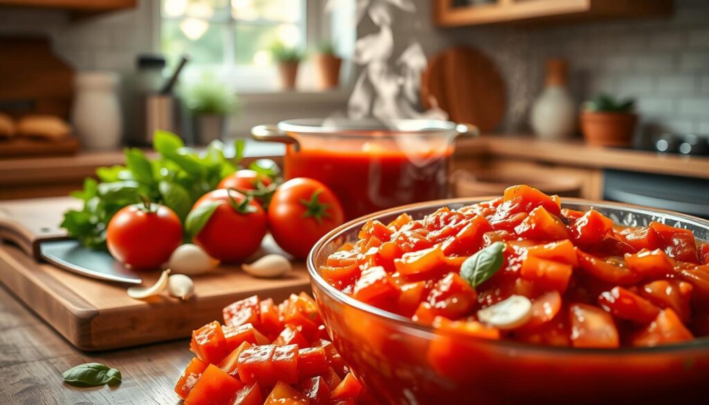 A beautifully arranged kitchen countertop showcasing a classic pizza sauce preparation. In the foreground, a vibrant bowl filled with freshly diced tomatoes, basil leaves, and garlic cloves, all glistening with olive oil. A wooden cutting board holds a few whole tomatoes, herbs, and a rustic knife. In the middle, a saucepan simmering with rich, red tomato sauce, bubbling gently, emitting steam. The background features a softly blurred kitchen setting with warm, inviting lighting, highlighting a window with sunlight filtering through, casting a soft glow. This cozy atmosphere underscores the homemade essence of the dish. The composition should evoke warmth and culinary passion, emphasizing the ingredients in a mouthwatering way, while avoiding any text or distractions.