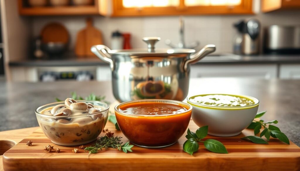 A beautifully arranged kitchen countertop showcasing alternative gravies for traditional roast sauce. In the foreground, a wooden cutting board is adorned with a creamy mushroom sauce in a small bowl, a rich onion gravy in another, and a vibrant green herb sauce, possibly parsley or basil. Fresh herbs and spices are scattered artistically around them. In the middle, a gleaming silver saucepan catches the light, hinting at homemade sauces being prepared. In the background, blurred kitchen appliances and a window allowing natural sunlight to filter through create a warm, inviting atmosphere. The overall mood is cozy and culinary, evoking a sense of exploration in alternative flavors. Use soft, diffused lighting to enhance the textures and colors of the sauces, ensuring a harmonious and appetizing display. A beautifully arranged kitchen countertop showcasing alternative gravies for traditional roast sauce. In the foreground, a wooden cutting board is adorned with a creamy mushroom sauce in a small bowl, a rich onion gravy in another, and a vibrant green herb sauce, possibly parsley or basil. Fresh herbs and spices are scattered artistically around them. In the middle, a gleaming silver saucepan catches the light, hinting at homemade sauces being prepared. In the background, blurred kitchen appliances and a window allowing natural sunlight to filter through create a warm, inviting atmosphere. The overall mood is cozy and culinary, evoking a sense of exploration in alternative flavors. Use soft, diffused lighting to enhance the textures and colors of the sauces, ensuring a harmonious and appetizing display.