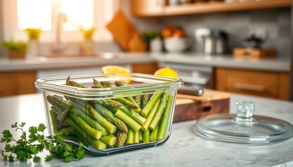 A beautifully arranged kitchen countertop showcasing cooked green asparagus being stored. In the foreground, an elegant glass container with a lid holds freshly cooked asparagus spears, glistening with a light olive oil dressing. Surrounding the container, there are fresh herbs like parsley and dill, adding a pop of color. In the middle, a wooden cutting board displays a knife and a few lemon wedges, ideal for enhancing the asparagus flavor. The background features a softly blurred kitchen scene with warm, natural light illuminating the space, creating a cozy atmosphere. The image captures the essence of proper food storage, emphasizing freshness and health. Use a shallow depth of field to focus on the container while the kitchen remains artistically out of focus.