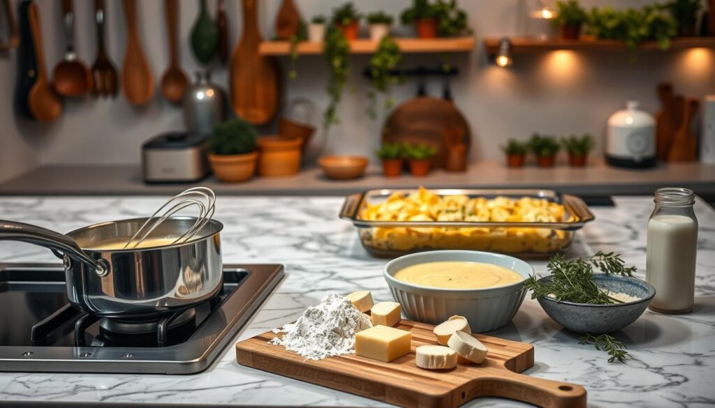 A beautifully arranged kitchen countertop showcasing the essentials of making béchamel sauce. In the foreground, a saucepan is gently simmering on a stove, filled with creamy béchamel sauce, light golden in color, with a whisk resting beside it. Fresh ingredients like butter, flour, and milk are artfully displayed on a wooden cutting board. In the middle, a marble workspace features a pot of baked pasta and a baking dish, ready to be covered with the sauce. The background is filled with kitchen utensils hanging on the wall, herbs in small pots on a shelf, and warm, inviting lighting that creates a cozy atmosphere. The scene evokes a sense of culinary creativity and practical cooking tips, with an overall feeling of warmth and home-cooked comfort. A beautifully arranged kitchen countertop showcasing the essentials of making béchamel sauce. In the foreground, a saucepan is gently simmering on a stove, filled with creamy béchamel sauce, light golden in color, with a whisk resting beside it. Fresh ingredients like butter, flour, and milk are artfully displayed on a wooden cutting board. In the middle, a marble workspace features a pot of baked pasta and a baking dish, ready to be covered with the sauce. The background is filled with kitchen utensils hanging on the wall, herbs in small pots on a shelf, and warm, inviting lighting that creates a cozy atmosphere. The scene evokes a sense of culinary creativity and practical cooking tips, with an overall feeling of warmth and home-cooked comfort.