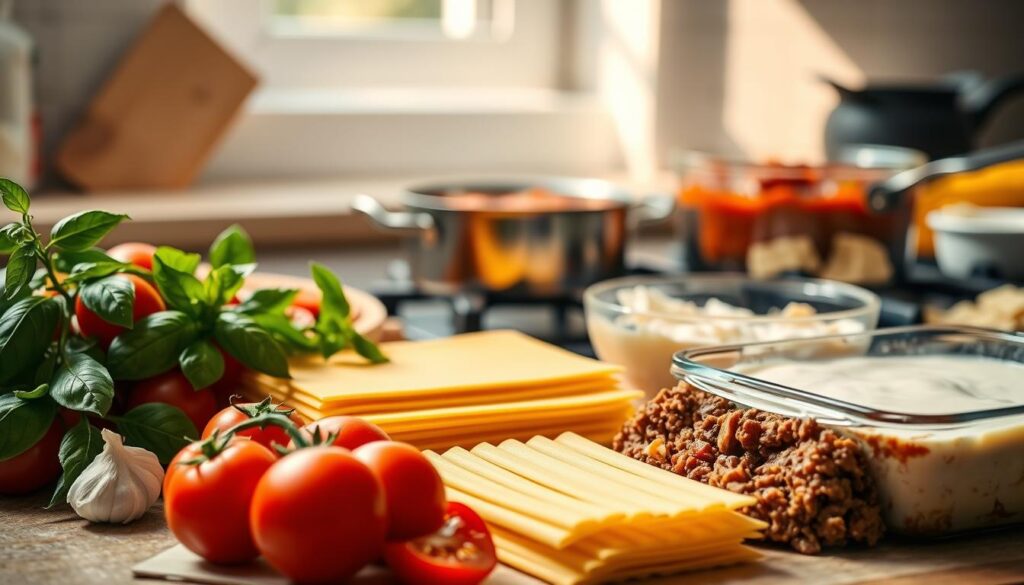 A beautifully arranged kitchen countertop showcasing the ingredients for a perfect lasagna. In the foreground, there are plump, ripe tomatoes, fresh basil leaves, and minced garlic, along with a bowl of rich, brown ground beef. In the middle ground, sheets of pasta are gently layered, and a creamy white béchamel sauce is being poured into a clear glass dish. In the background, a soft-focus pot simmers on the stove with a vibrant marinara sauce, with a hint of grated cheese beside it. Natural sunlight streams through a window, casting warm light and creating a cozy, inviting atmosphere. The composition should be vibrant and appetizing, drawing the viewer into the culinary scene without any text or distractions.