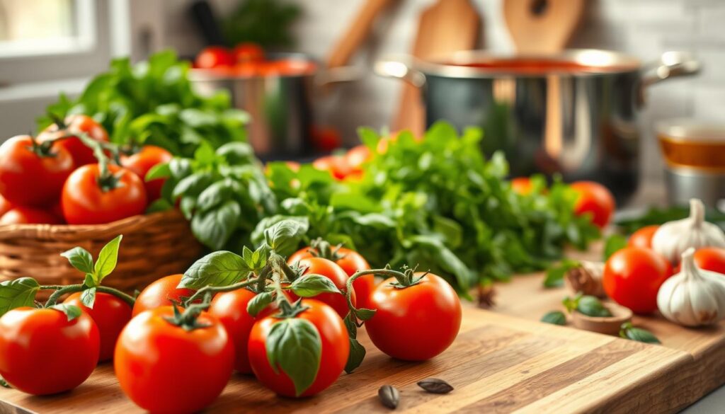 A beautifully arranged kitchen countertop showcasing vibrant tomatoes, fresh basil, and a bowl of garlic, with a rustic wooden cutting board in the foreground. The middle ground includes a pot simmering with red tomato sauce, herbs, and spices elegantly scattered around. In the background, soft, natural light streams through a window, highlighting the fresh ingredients and creating a warm, inviting atmosphere. A delicate focus on the ingredients enhances detail, with a shallow depth of field emphasizing the rich color and texture of the tomatoes and herbs, evoking a sense of culinary passion and home-cooked warmth.