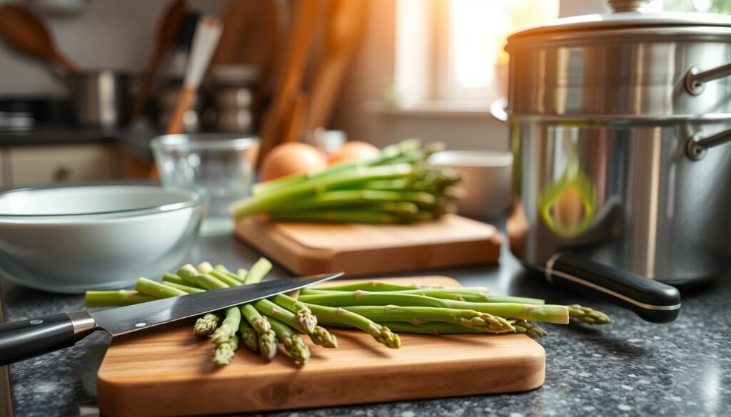 A beautifully arranged kitchen countertop with fresh, vibrant green asparagus being prepared for cooking. In the foreground, a wooden cutting board displays the asparagus with its tips neatly aligned, while a sharp chef's knife rests beside it. A bowl of water is present, ready for blanching, and a pot sits nearby for boiling. The middle layer includes a variety of cooking utensils, such as a colander and measuring cups, hinting at the preparation process. In the background, soft, natural light filters through a window, casting a warm glow that enhances the freshness of the vegetables. The scene evokes a calm and inviting atmosphere, emphasizing the simplicity and beauty of preparing asparagus. A beautifully arranged kitchen countertop with fresh, vibrant green asparagus being prepared for cooking. In the foreground, a wooden cutting board displays the asparagus with its tips neatly aligned, while a sharp chef's knife rests beside it. A bowl of water is present, ready for blanching, and a pot sits nearby for boiling. The middle layer includes a variety of cooking utensils, such as a colander and measuring cups, hinting at the preparation process. In the background, soft, natural light filters through a window, casting a warm glow that enhances the freshness of the vegetables. The scene evokes a calm and inviting atmosphere, emphasizing the simplicity and beauty of preparing asparagus.