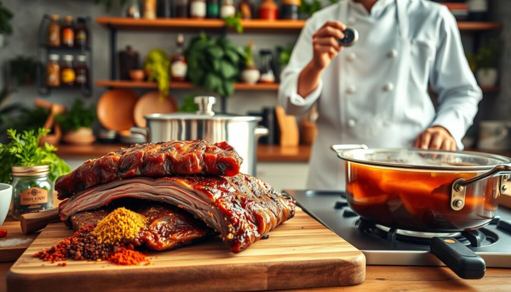 A beautifully arranged kitchen scene focused on cooking pork ribs. In the foreground, a wooden cutting board holds seasoned and marinated ribs, surrounded by colorful spices like paprika, garlic powder, and pepper. A stainless steel pot is simmering on the stove, bubbling with a savory broth. In the middle ground, a chef, dressed in a white apron and professional attire, is intently checking the cooking time with a timer in hand, showcasing a sense of focus and expertise. In the background, shelves filled with herbs and condiments create a warm, inviting atmosphere. Soft, natural light streams in from a window, highlighting the textures of the meat and surrounding ingredients, creating a cozy, culinary ambiance.