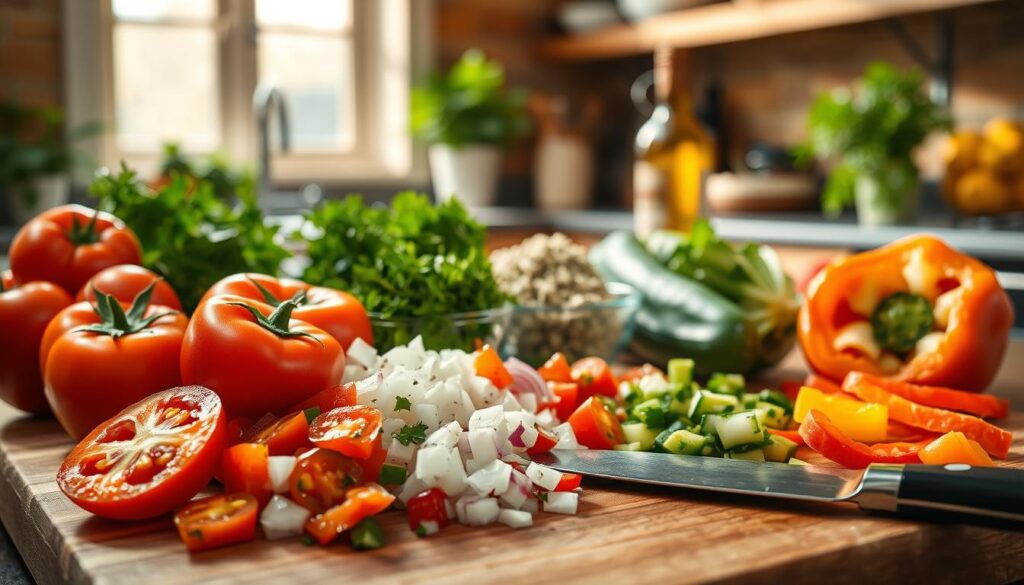 A beautifully arranged kitchen scene focused on the preparation of fresh vegetables for a Greek-style sauce. In the foreground, a wooden cutting board displays vibrant, chopped veggies such as ripe tomatoes, onions, bell peppers, and cucumbers, glistening with moisture. A sharp knife rests nearby, hinting at the process of preparation. In the middle, there are bowls filled with freshly diced herbs like parsley and oregano, and a bottle of olive oil. The backdrop features a rustic kitchen setting with warm, natural light streaming in through a window, casting soft shadows. The mood is inviting and cozy, emphasizing the organic and fresh aspect of cooking. The scene captures the essence of preparing a delicious, healthy dish without any distractions or text. A beautifully arranged kitchen scene focused on the preparation of fresh vegetables for a Greek-style sauce. In the foreground, a wooden cutting board displays vibrant, chopped veggies such as ripe tomatoes, onions, bell peppers, and cucumbers, glistening with moisture. A sharp knife rests nearby, hinting at the process of preparation. In the middle, there are bowls filled with freshly diced herbs like parsley and oregano, and a bottle of olive oil. The backdrop features a rustic kitchen setting with warm, natural light streaming in through a window, casting soft shadows. The mood is inviting and cozy, emphasizing the organic and fresh aspect of cooking. The scene captures the essence of preparing a delicious, healthy dish without any distractions or text.