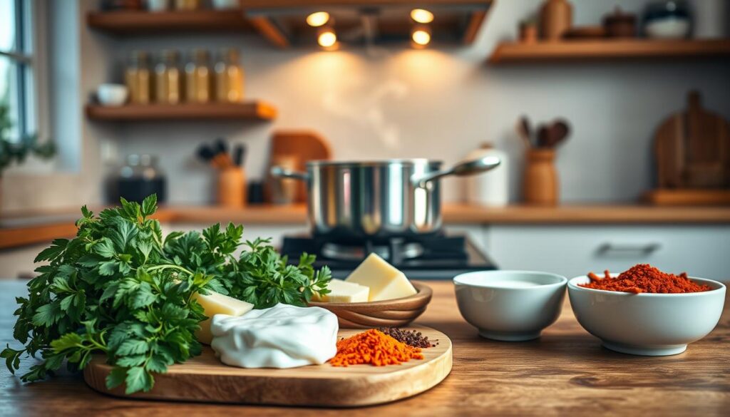A beautifully arranged kitchen scene focusing on a table with ingredients for making a sauce for potatoes. In the foreground, a wooden cutting board holds fresh herbs, butter, and cream, complemented by a bowl of vibrant spices, all positioned attractively. In the middle, a saucepan on a stove, gently simmering, with steam rising to create a warm atmosphere. The background reveals a cozy kitchen with soft, ambient lighting illuminating the space, showcasing shelves filled with jars and utensils. A window lets in natural light, enhancing the inviting mood. The image captures the essence of cooking, emphasizing simplicity and homeliness, perfect for demonstrating how to make delicious sauce for mashed potatoes. Emphasize clarity, detail, and a warm, inviting palette. A beautifully arranged kitchen scene focusing on a table with ingredients for making a sauce for potatoes. In the foreground, a wooden cutting board holds fresh herbs, butter, and cream, complemented by a bowl of vibrant spices, all positioned attractively. In the middle, a saucepan on a stove, gently simmering, with steam rising to create a warm atmosphere. The background reveals a cozy kitchen with soft, ambient lighting illuminating the space, showcasing shelves filled with jars and utensils. A window lets in natural light, enhancing the inviting mood. The image captures the essence of cooking, emphasizing simplicity and homeliness, perfect for demonstrating how to make delicious sauce for mashed potatoes. Emphasize clarity, detail, and a warm, inviting palette.