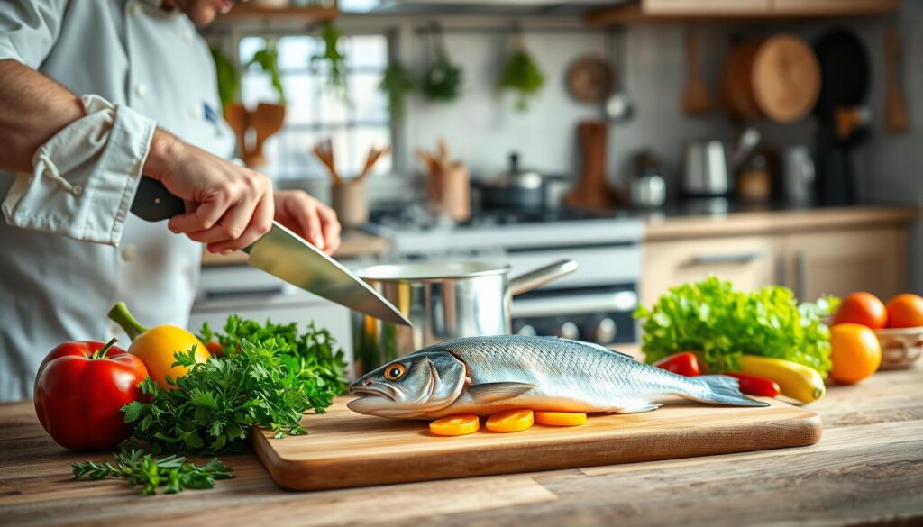 A beautifully arranged kitchen scene showcasing the best way to cook fish. In the foreground, a seasoned chef skillfully filleting a fresh fish on a wooden cutting board, surrounded by vibrant vegetables and herbs. In the middle, a simmering pot on the stove emits steam, indicating the fish is cooking perfectly. The background features a well-lit kitchen with modern appliances, hanging herbs, and utensils, creating a warm, inviting atmosphere. Soft, natural light filters in from a window, casting gentle shadows. The mood is one of culinary artistry and homey comfort, emphasizing healthy preparation methods and vibrant colors, reflecting the freshness of the ingredients without any text or distracting elements.
