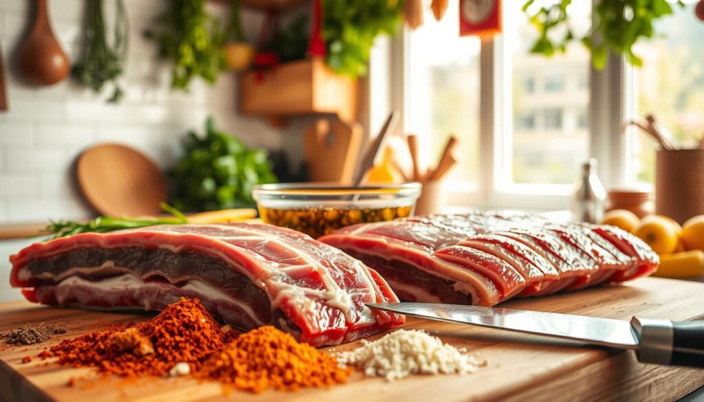 A beautifully arranged kitchen scene showcasing the preparation of pork ribs before cooking. In the foreground, tender, raw pork ribs are placed on a wooden cutting board, surrounded by an array of colorful spices including paprika, garlic powder, and black pepper. A sharp knife is partially visible, hinting at the cutting process. In the middle, a bowl of marinade, glistening with a mix of oil, herbs, and spices, stands ready next to the ribs. The background features a softly lit kitchen atmosphere with hanging herbs and fresh vegetables. Warm, natural light pours through a nearby window, creating a cozy and inviting ambiance. The overall mood is one of anticipation and culinary creativity, ready for the cooking adventure ahead.
