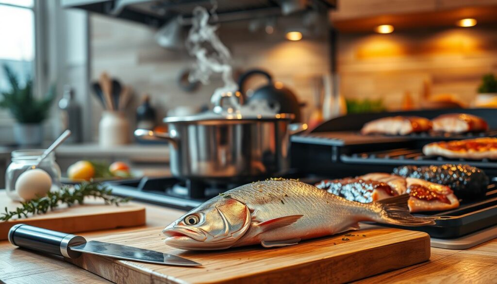 A beautifully arranged kitchen scene showcasing the process of cooking fish using various methods. In the foreground, a fresh whole fish, garnished with herbs and spices, sits on a wooden cutting board alongside a sharp knife. In the middle, a stainless steel pot is bubbling on the stove, with steam rising elegantly, capturing the essence of boiling fish. To the side, a grill is heating up, with filets and steaks ready to be placed on it, illustrating grilling. The background features a cozy kitchen setting with warm, overhead lighting that creates a welcoming atmosphere. Subtle kitchen utensils and ingredients are neatly organized on the countertop, evoking a sense of culinary artistry and expertise. The angle captures the entire layout, emphasizing the different cooking methods in the foreground and middle.