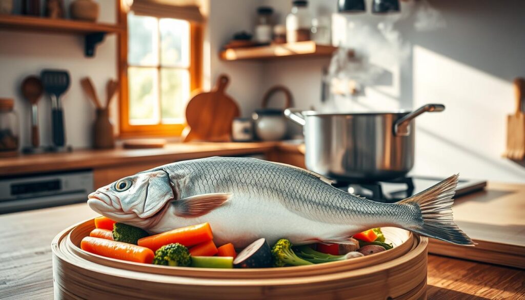 A beautifully arranged kitchen scene showcasing the process of steaming fish. In the foreground, a large, fresh fish is placed on a bamboo steamer surrounded by vibrant vegetables like carrots and broccoli. The middle ground features a steaming pot on a gas stove, with gentle steam rising. Soft, natural light filters through a window, casting warm shadows across the wooden countertop. In the background, utensils and spices are neatly organized on shelves, adding to the culinary atmosphere. The mood is inviting and fresh, embodying the essence of healthy cooking. The composition captures the intricate details of the fish and the harmony of steam rising, enhancing the theme of cooking fish to perfection.