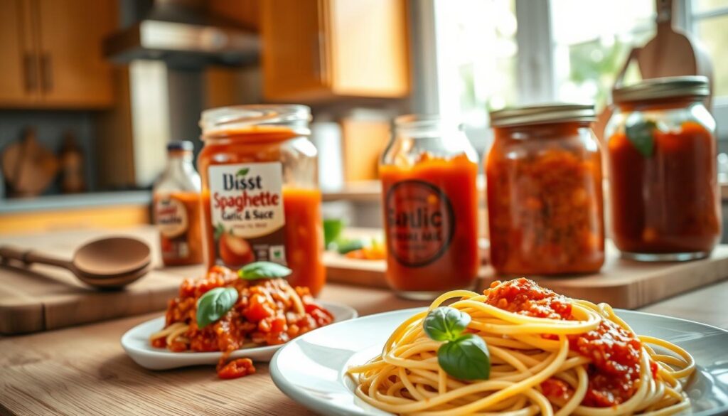 A beautifully arranged kitchen scene showcasing various jars of ready-made spaghetti sauces. In the foreground, a vibrant plate of al dente spaghetti glistens, topped with a rich, chunky tomato sauce garnished with fresh basil leaves. Beside it, an open jar of garlic and herb sauce reveals its inviting texture. In the middle ground, wooden spoons and a chopping board with diced vegetables hint at the idea of enhancing flavors. The background features warm wooden cabinets and soft, natural lighting filtering through a window, creating a cozy cooking atmosphere. The composition invites the viewer to explore quick and delicious pasta meal options, emphasizing a sense of culinary delight and simplicity. The angle is slightly overhead, providing a comprehensive view of the tempting dishes and sauces.