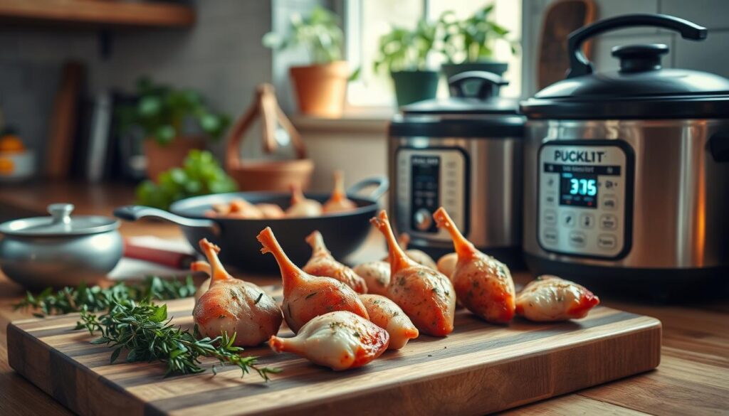 A beautifully arranged kitchen setting featuring alternative cooking methods for chicken hearts. In the foreground, showcase a rustic wooden cutting board with marinated chicken hearts, surrounded by fresh herbs like thyme and rosemary. In the middle ground, display various cooking vessels: a cast-iron skillet, a slow cooker, and a sous-vide setup with precision cooking temperature displayed. Soft, warm lighting illuminates the scene, highlighting the textures of the ingredients. In the background, a window lets in natural light, with potted herbs on the sill, enhancing the cozy atmosphere. The scene evokes a sense of culinary creativity and comfort, inviting viewers to explore these unique cooking techniques.