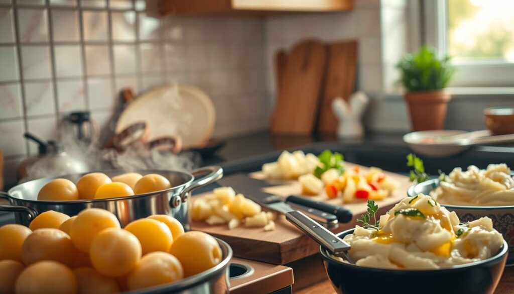 A beautifully arranged kitchen setting showcasing a variety of potato dishes in the process of cooking. In the foreground, a pot of whole potatoes bubbling gently on a stove, creating a comforting steam. In the middle, a chopping board with diced potatoes ready for salad preparation, chrome knife glistening under soft overhead lights. Nearby, a bowl of creamy mashed potatoes garnished with fresh herbs and a drizzle of olive oil. The background features an inviting kitchen ambiance with warm, natural lighting filtering through a window, casting soft shadows. The scene captures the essence of home cooking, encouraging a cozy and inviting atmosphere, with a focus on the textures and colors of the different potato preparations. A beautifully arranged kitchen setting showcasing a variety of potato dishes in the process of cooking. In the foreground, a pot of whole potatoes bubbling gently on a stove, creating a comforting steam. In the middle, a chopping board with diced potatoes ready for salad preparation, chrome knife glistening under soft overhead lights. Nearby, a bowl of creamy mashed potatoes garnished with fresh herbs and a drizzle of olive oil. The background features an inviting kitchen ambiance with warm, natural lighting filtering through a window, casting soft shadows. The scene captures the essence of home cooking, encouraging a cozy and inviting atmosphere, with a focus on the textures and colors of the different potato preparations.