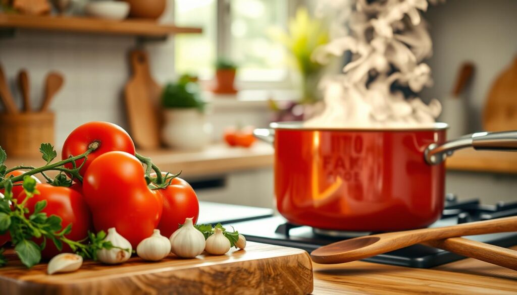 A beautifully arranged kitchen setting with a focus on a vibrant, steaming pot of smooth tomato sauce. In the foreground, a wooden cutting board displays fresh ingredients: ripe tomatoes, garlic cloves, and fresh herbs, all glistening with moisture. The middle ground features a pot bubbling gently on a stove, its contents a rich, deep crimson color, emitting aromatic wisps of steam. The background shows a cozy kitchen bathed in warm, soft natural light pouring through a window, enhancing the inviting atmosphere. A rustic wooden spoon rests beside the pot, ready for stirring. The overall mood is warm and comforting, evoking the essence of home-cooked meals, while showcasing the perfect base for meatballs and pasta dishes.