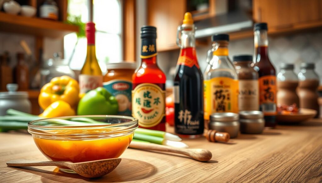 A beautifully arranged kitchen table showcasing a variety of sauces, including a vibrant homemade sweet-salty Chinese sauce in a glass bowl. In the foreground, a small wooden spoon is resting beside the bowl, hinting at its use. In the middle, neatly labeled jars of different sauces, such as soy sauce, hoisin sauce, and chili oil, are artfully displayed alongside fresh vegetables like bell peppers and green onions. The background features a softly lit kitchen setting with warm wood accents and a hint of spices in rustic containers, creating an inviting atmosphere. The scene is illuminated with natural light coming through a window, enhancing the vivid colors of the sauces and ingredients, evoking a delightful culinary experience.