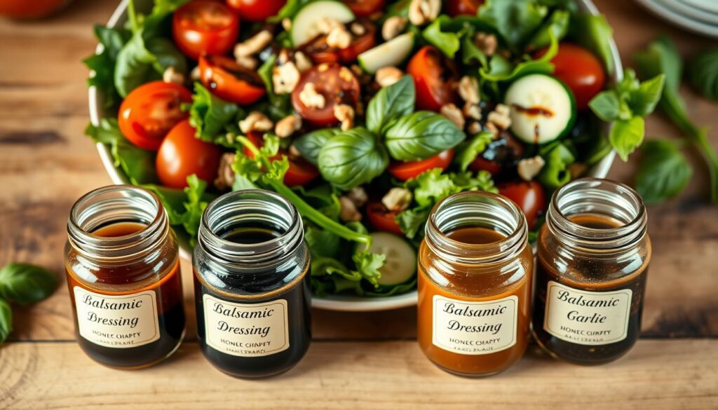 A beautifully arranged overhead shot of a salad featuring a vibrant mix of fresh greens, tomatoes, and cucumbers drizzled with balsamic dressing. In the foreground, three small, elegantly labeled glass jars contain the three variations of balsamic dressing: one with honey, another with mustard, and the third with garlic. Each jar should have a distinct appearance, reflecting its unique ingredients and colors. The middle ground displays the salad bowl, garnished with nuts and herbs, while a sprig of basil adds a pop of color. The background is softly blurred, hinting at a rustic wooden kitchen table, allowing the focus to remain on the salad and dressings. The lighting is warm and inviting, creating a cozy atmosphere suitable for a home cooking setting.